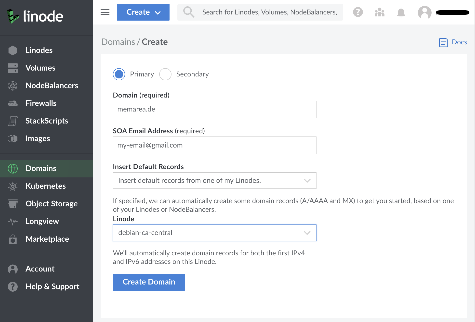 add domain to linode